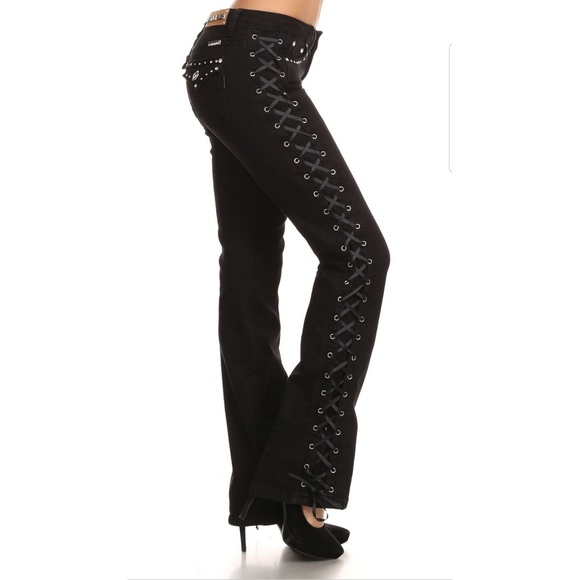 Lace Up Rhinestone Sexy Black Biker Jeans - Picture 5 of 8